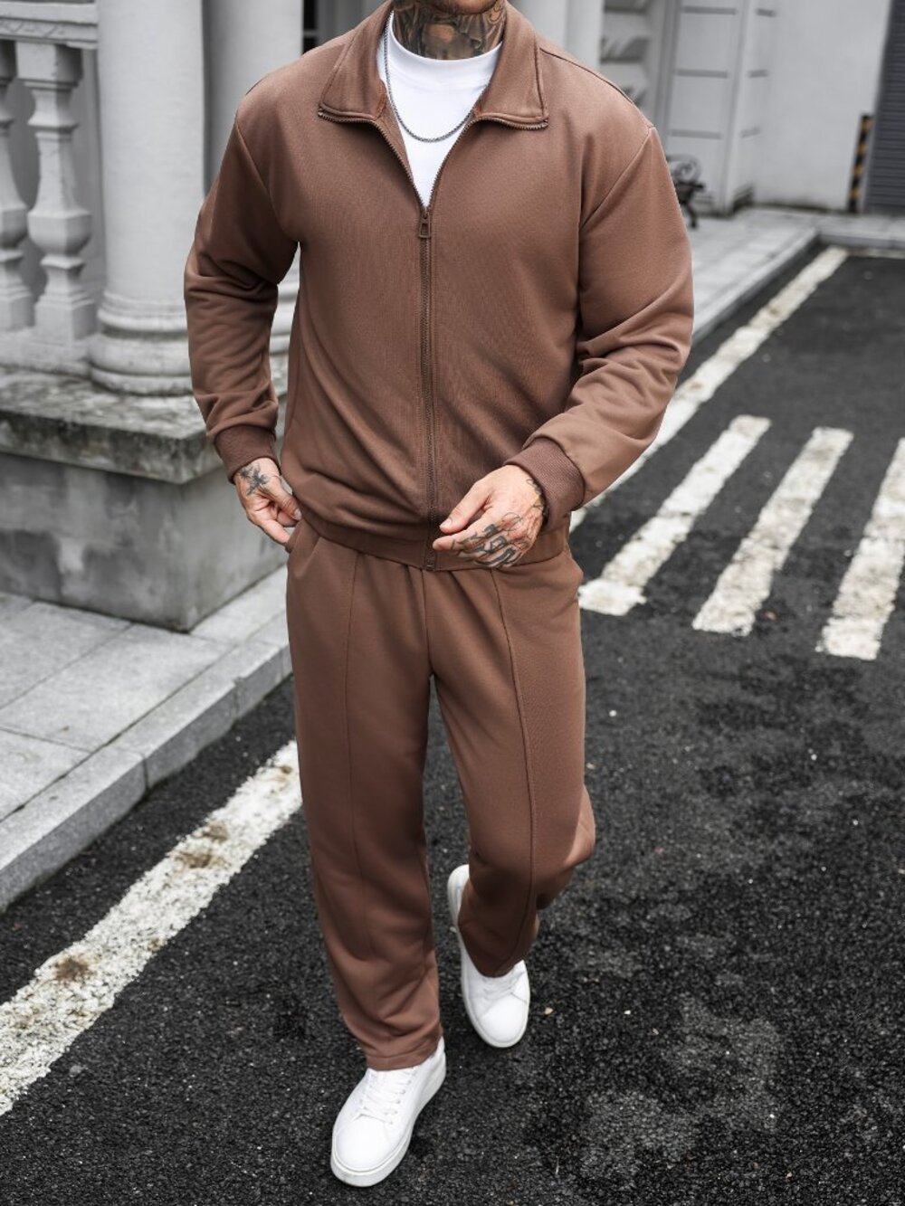 Brown Casual Men's Loose Pocket Zipper Long Sleeve Jacket & Pants Set - Picture 3 of 9